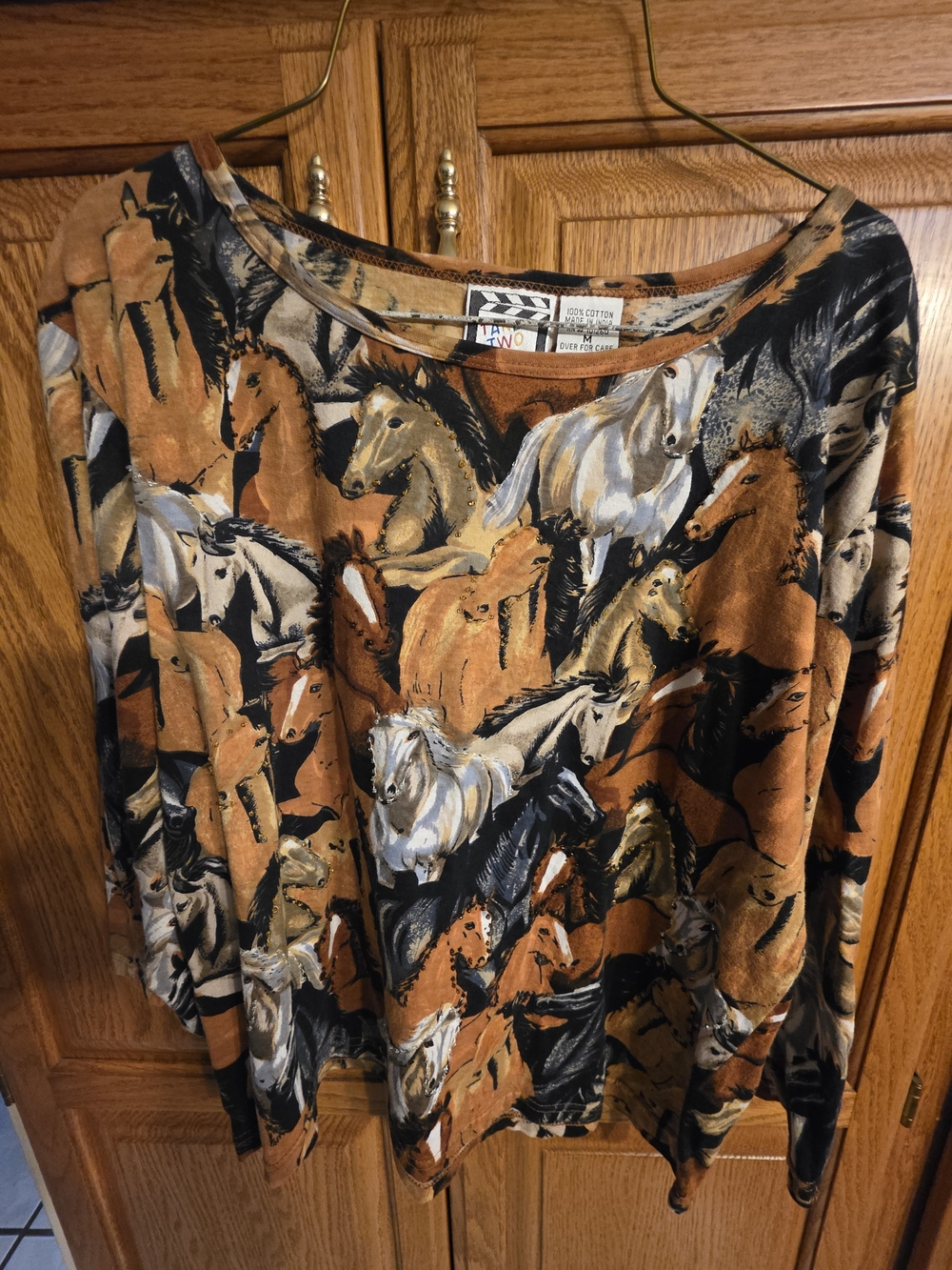 Horse Print Long Sleeve Top in Rust, Black & Cream